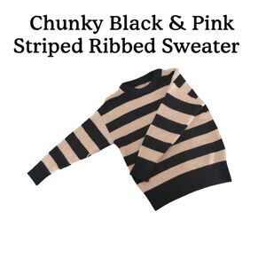Chunky Black & Pink Striped Ribbed Sweater – Medium